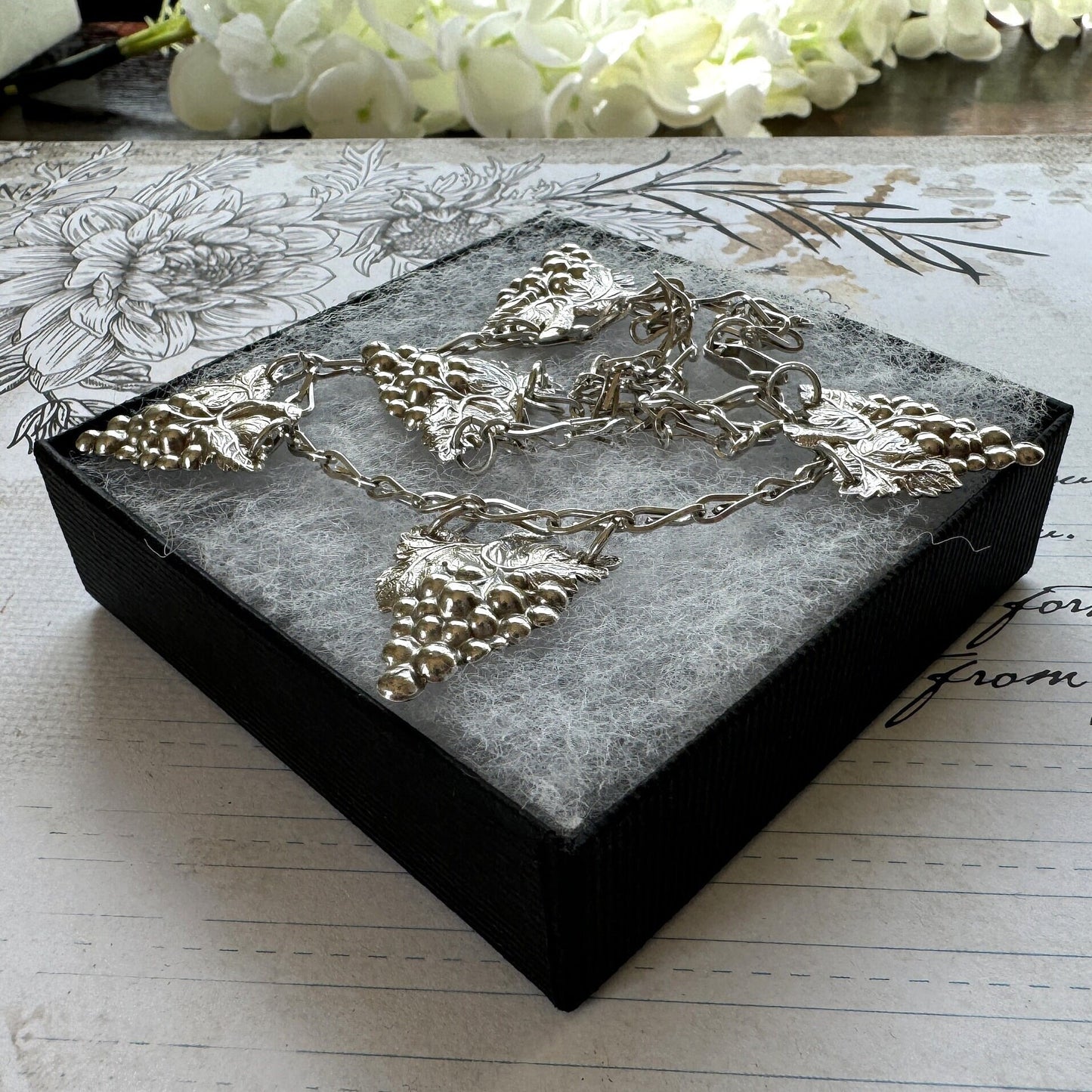 Antique Edwardian Grapevine & Barleycorn Chain Sterling Silver Necklace. Art Nouveau Repoussé Silver Fancy Chain Bib Necklace