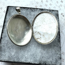 Load image into Gallery viewer, Antique Victorian Large Sterling Silver Photo Locket Pendant. Aesthetic Engraved Rose &amp; Fern 2-Sided Oval Silver Bookchain Locket.
