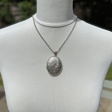 Load image into Gallery viewer, Antique Victorian Large Sterling Silver Photo Locket Pendant. Aesthetic Engraved Rose &amp; Fern 2-Sided Oval Silver Bookchain Locket.
