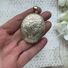 Load image into Gallery viewer, Antique Victorian Large Sterling Silver Photo Locket Pendant. Aesthetic Engraved Rose &amp; Fern 2-Sided Oval Silver Bookchain Locket.
