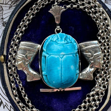 画像をギャラリービューアに読み込む, Antique Art Deco Egyptian Revival Huge Scarab Sterling Silver Pendant Necklace. Vintage 1930s Queen Nefertiti Statement Pendant &amp; Long Chain
