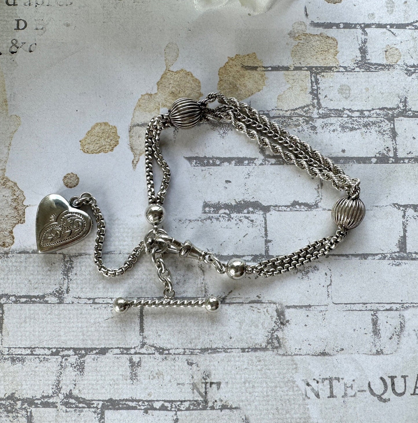 Victorian Sterling Silver Albertina Bracelet. Antique Fancy Link Watch Chain Bracelet With Love Heart Locket Charm, T-Bar & Dog-Clip