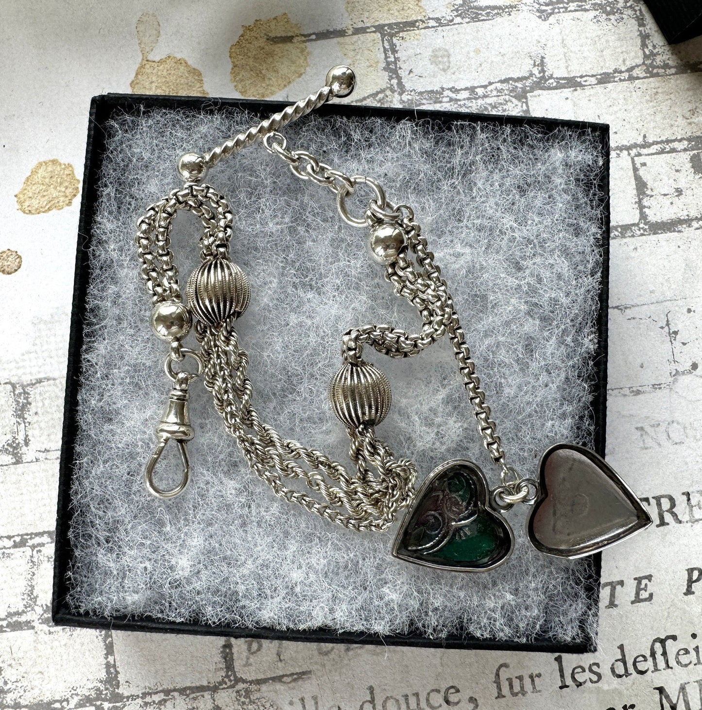 Victorian Sterling Silver Albertina Bracelet. Antique Fancy Link Watch Chain Bracelet With Love Heart Locket Charm, T-Bar & Dog-Clip