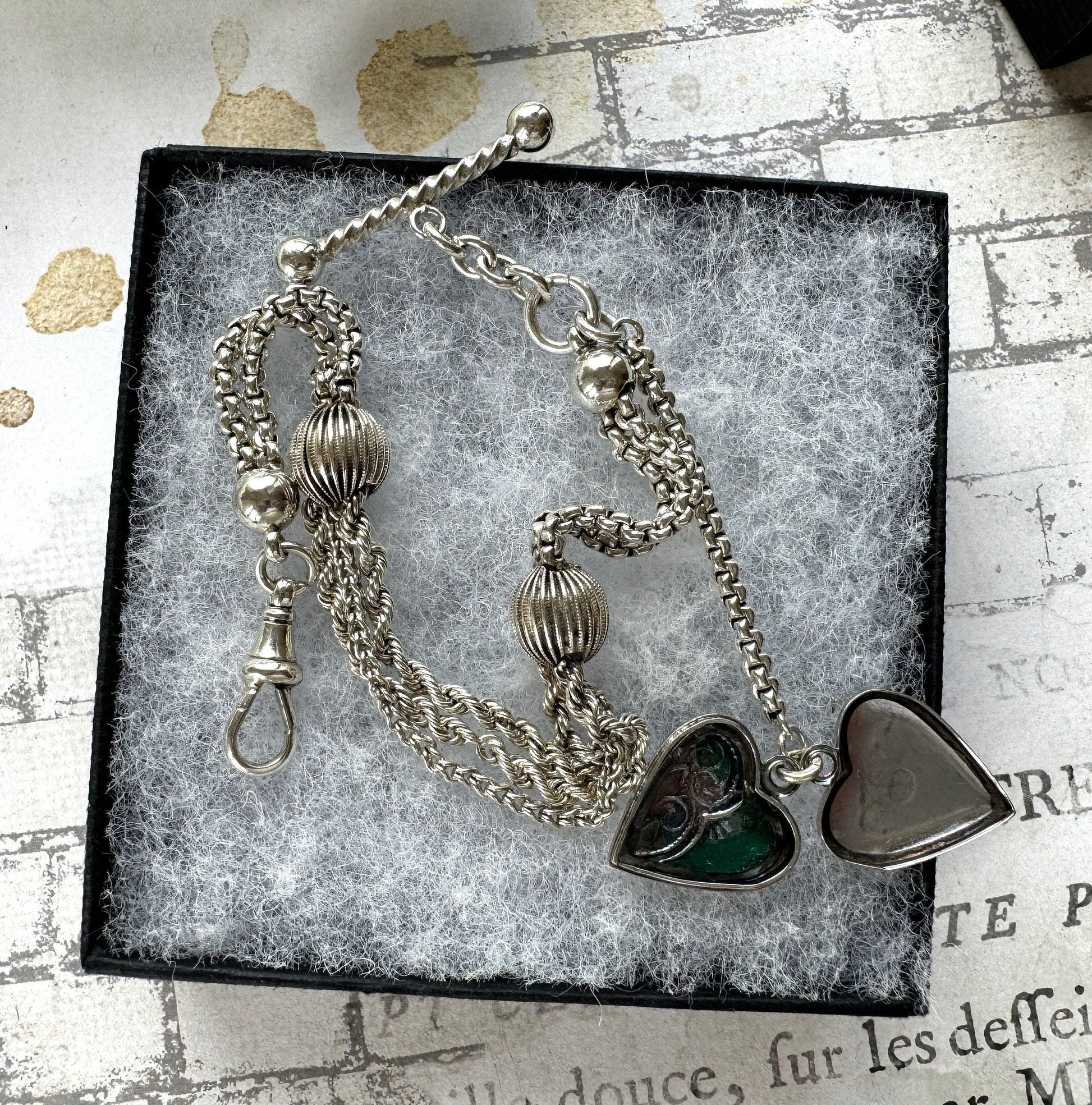 Victorian Sterling Silver Albertina Bracelet. Antique Fancy Link Watch Chain Bracelet With Love Heart Locket Charm, T-Bar & Dog-Clip