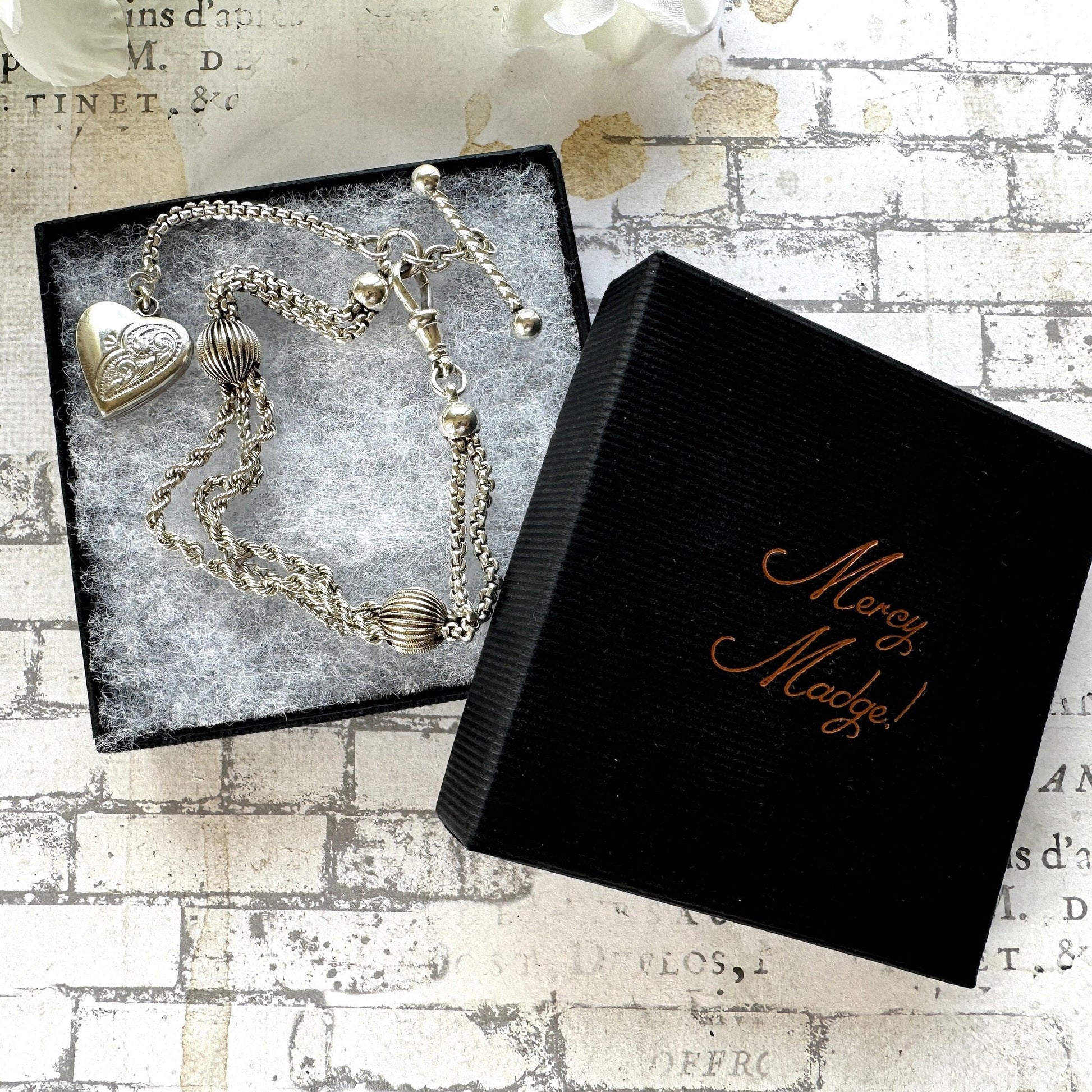 Victorian Sterling Silver Albertina Bracelet. Antique Fancy Link Watch Chain Bracelet With Love Heart Locket Charm, T-Bar & Dog-Clip