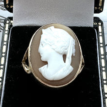 Load image into Gallery viewer, Antique Victorian 9ct Gold Hera Cameo Ring. Italian Carved Shell Goddess Cameo Ring. Victorian Neoclassical Statement Ring Size N/ 6-3/4
