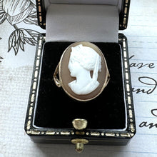 Load image into Gallery viewer, Antique Victorian 9ct Gold Hera Cameo Ring. Italian Carved Shell Goddess Cameo Ring. Victorian Neoclassical Statement Ring Size N/ 6-3/4
