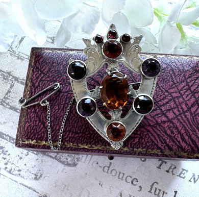 Antique Victorian Silver Crowned Heart Cairngorm Brooch. Scottish Sterling Silver Citrine & Amethyst Large Luckenbooth Lapel Pin