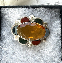 Load image into Gallery viewer, Vintage Scottish Silver Agate &amp; Citrine Brooch. Oval Sterling Silver Cairngorm Lapel Pin Brooch, Made In Scotland
