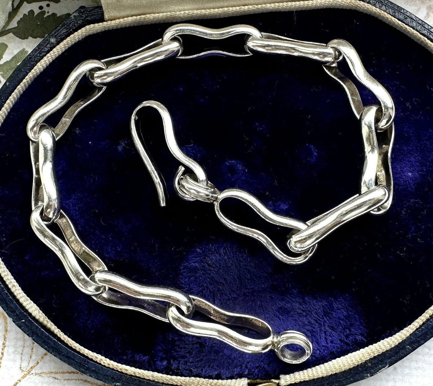 Vintage Sterling Silver Peanut Link Chain Bracelet With Large Hook Clasp. Heavy Chunky Fancy Link Antique Watch Chain Style Bracelet.