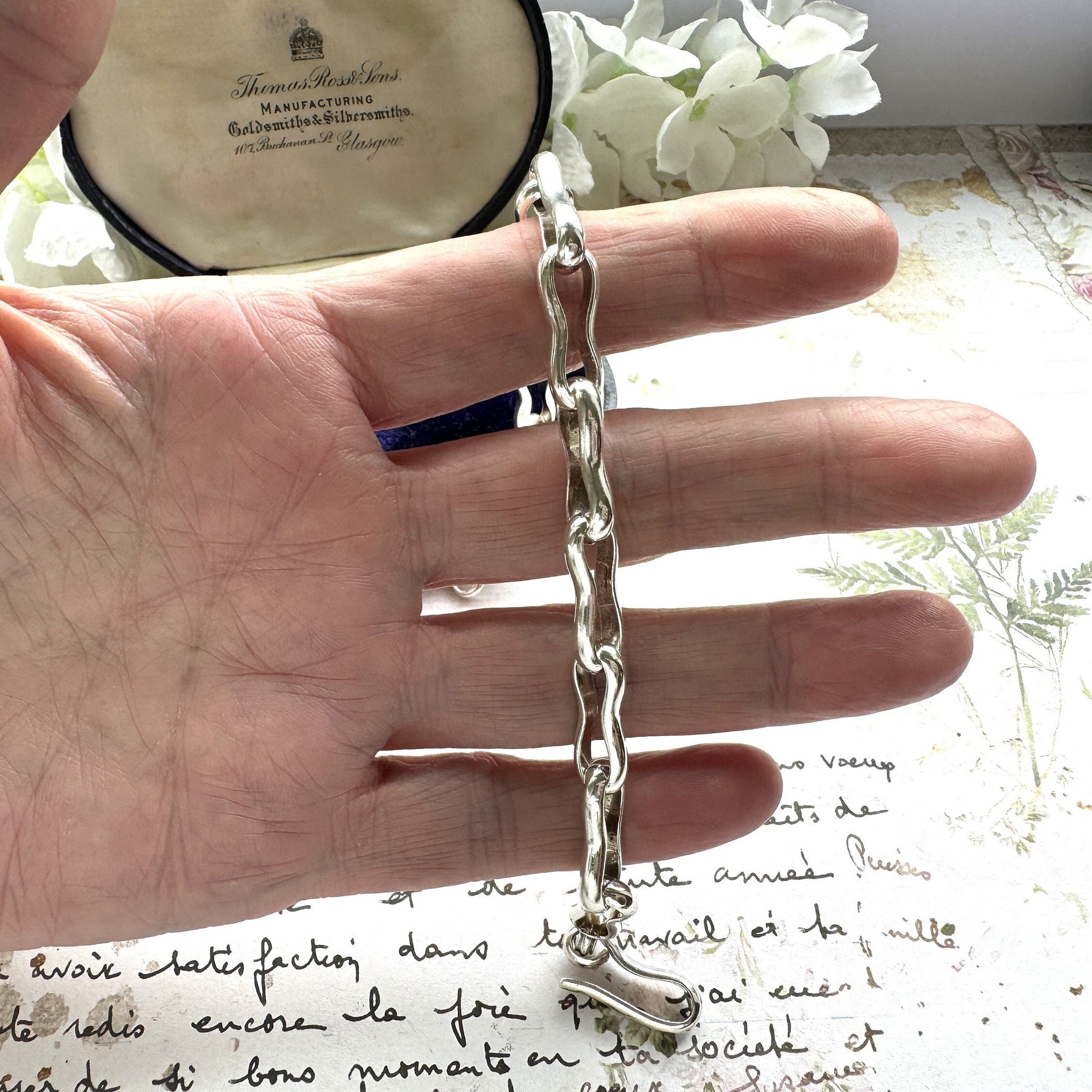 Vintage Sterling Silver Peanut Link Chain Bracelet With Large Hook Clasp. Heavy Chunky Fancy Link Antique Watch Chain Style Bracelet.