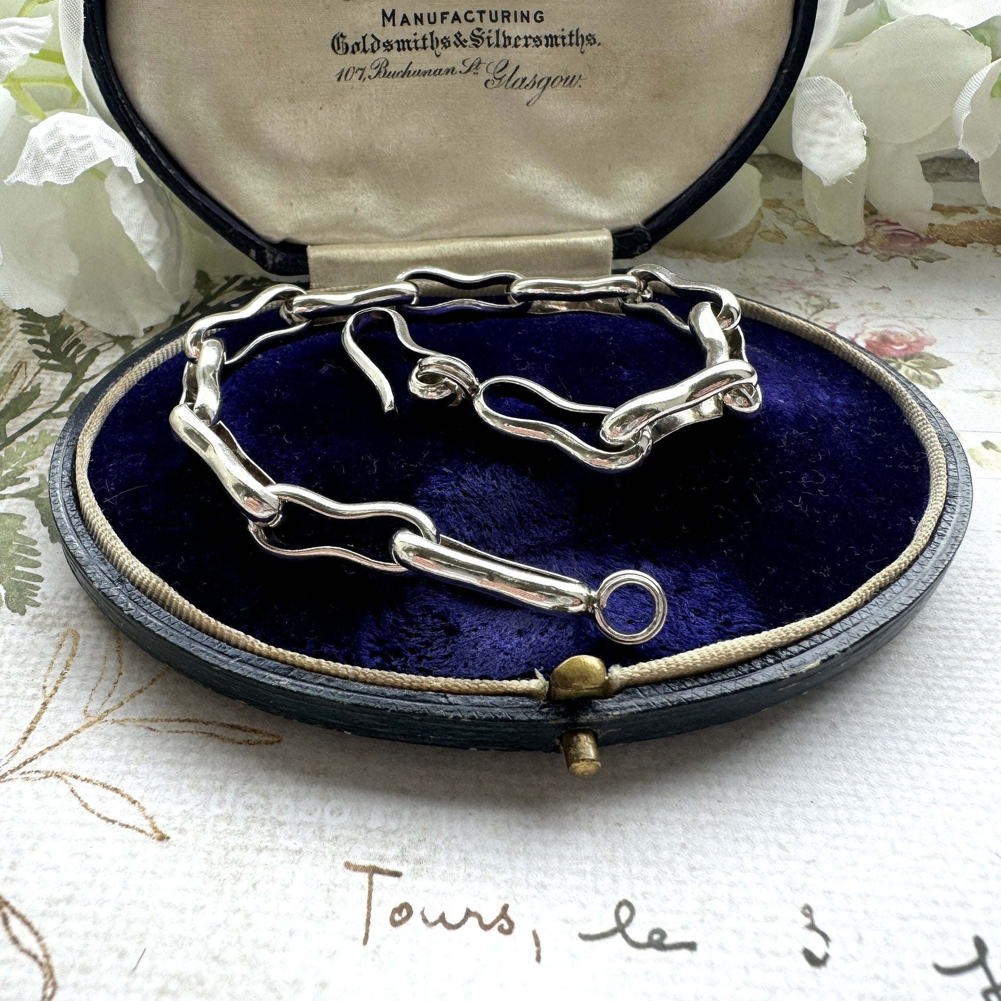 Vintage Sterling Silver Peanut Link Chain Bracelet With Large Hook Clasp. Heavy Chunky Fancy Link Antique Watch Chain Style Bracelet.