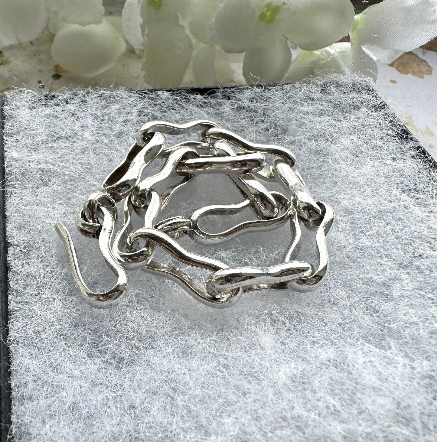 Vintage Sterling Silver Peanut Link Chain Bracelet With Large Hook Clasp. Heavy Chunky Fancy Link Antique Watch Chain Style Bracelet.