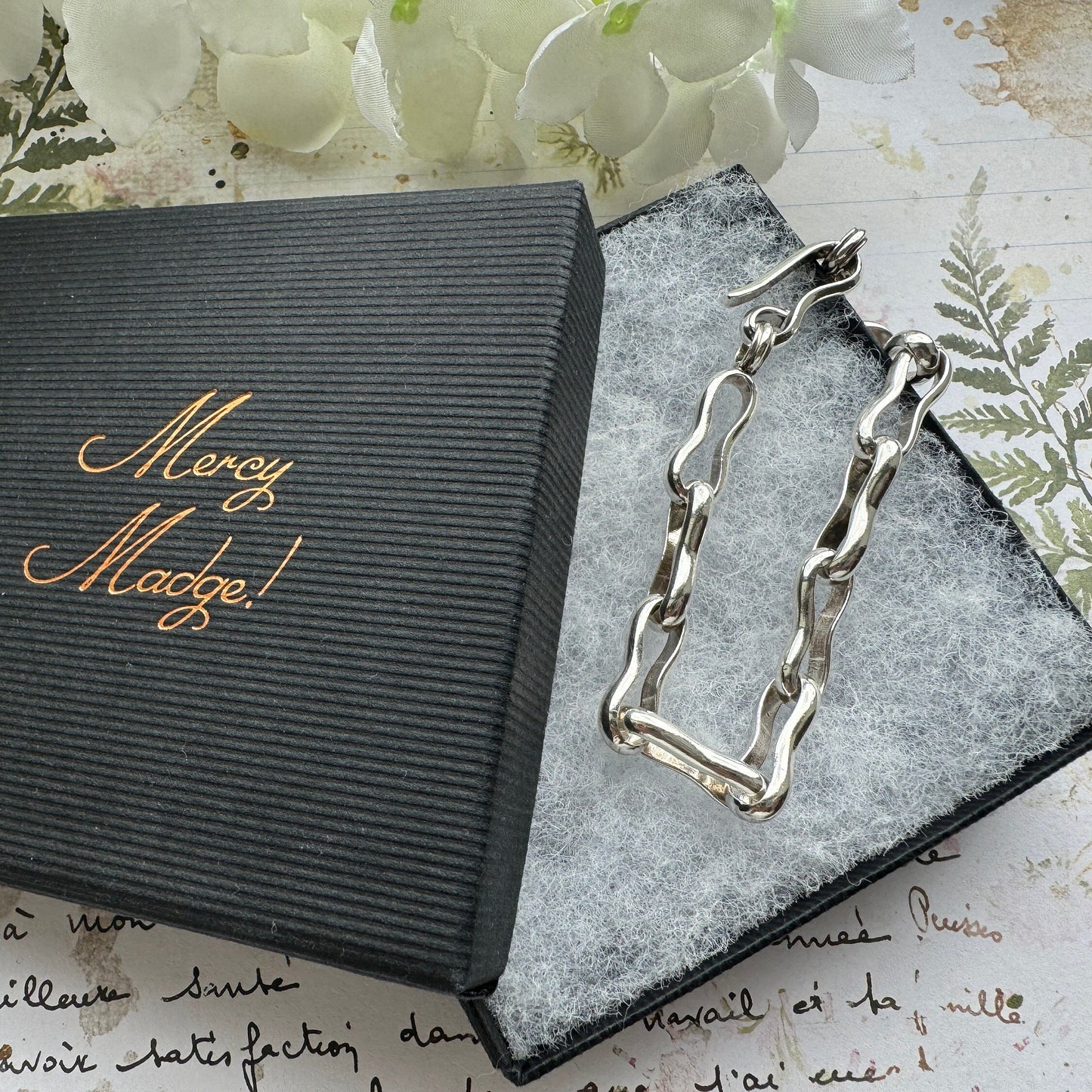 Vintage Sterling Silver Peanut Link Chain Bracelet With Large Hook Clasp. Heavy Chunky Fancy Link Antique Watch Chain Style Bracelet.