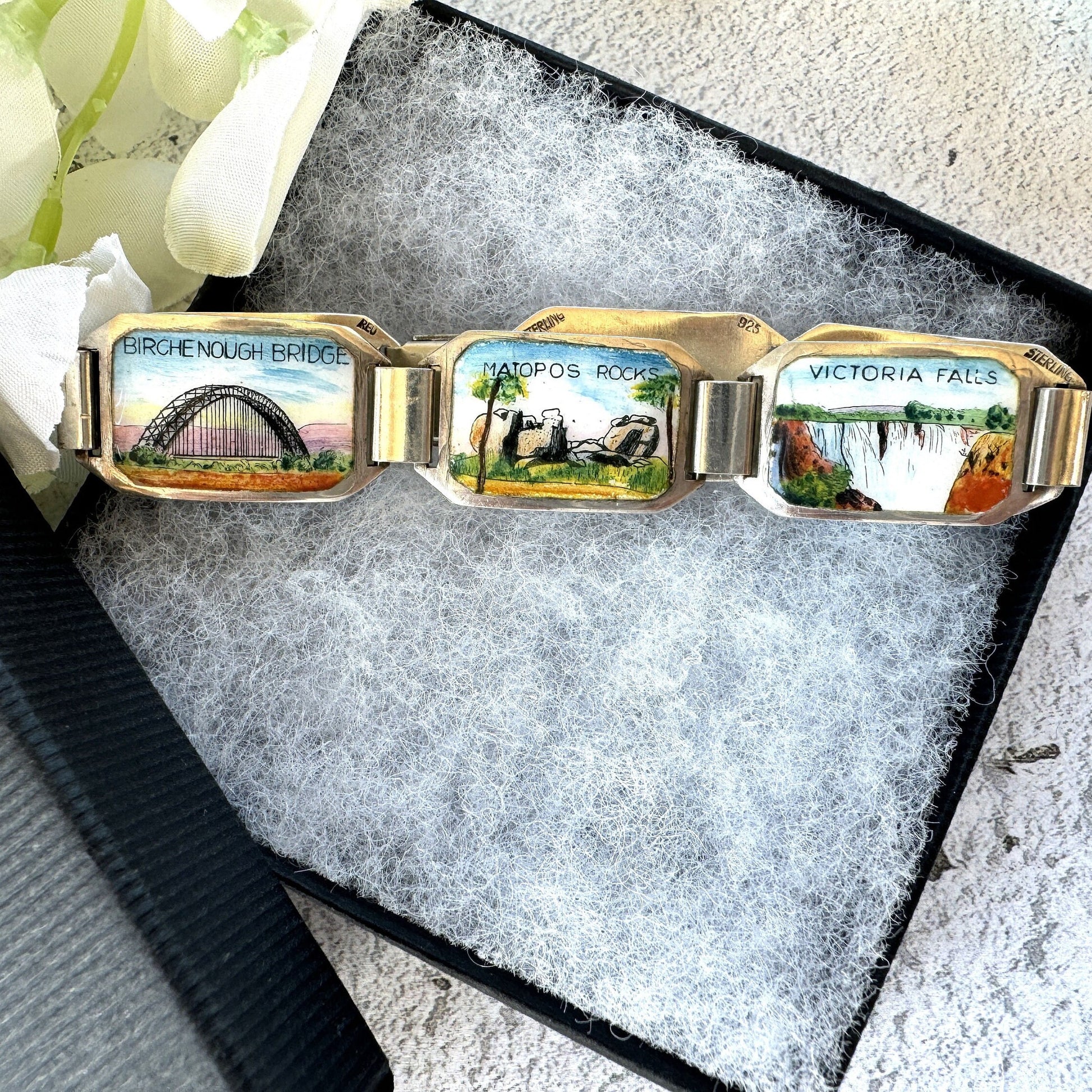 Vintage 1950s Sterling Silver & Enamel African Safari Panel Bracelet, REU Germany