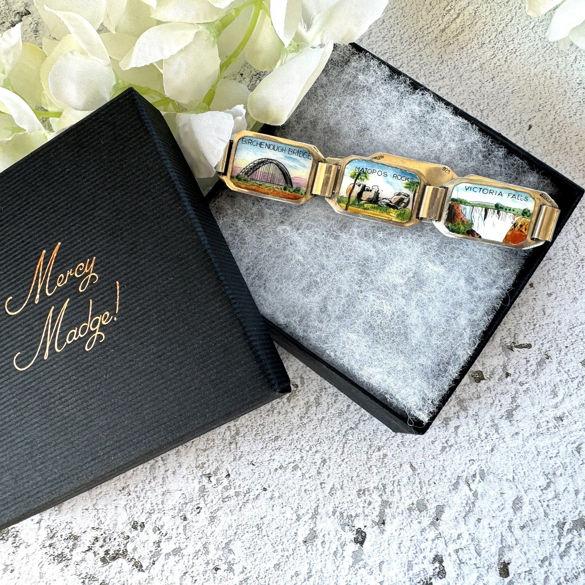 Vintage 1950s Sterling Silver & Enamel African Safari Panel Bracelet, REU Germany