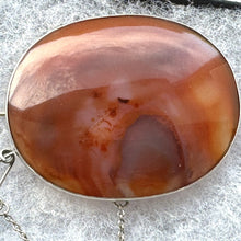 Load image into Gallery viewer, Antique Victorian Large Scottish Agate Sterling Silver Brooch. Orange/Red Chalcedony Sash/Tartan Statement Brooch. Banded Agate Oval Brooch.
