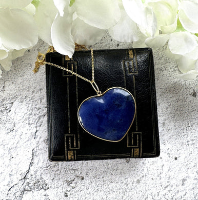 Antique Victorian 15ct Gold Carved Sodalite Love Heart Pendant. Large Natural Blue Gemstone Solitaire Heart Pendant.