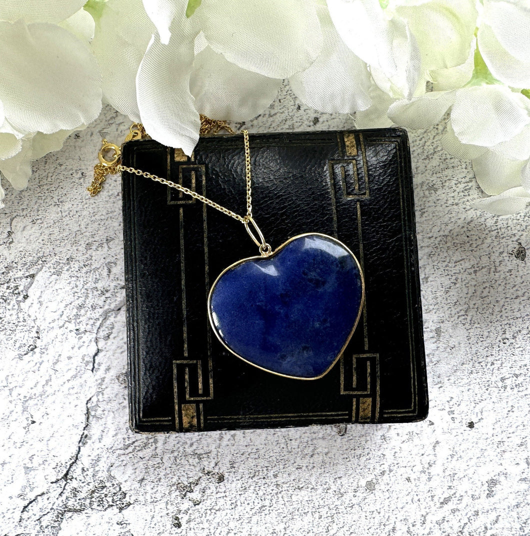 Antique Victorian 15ct Gold Carved Sodalite Love Heart Pendant. Large Natural Blue Gemstone Solitaire Heart Pendant.