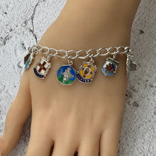 Lade das Bild in den Galerie-Viewer, Vintage 1960s Britain &amp; Germany Sterling Silver Enamel Charm Bracelet. City Coat of Arms Souvenir Travel Bracelet With St Christopher Charm
