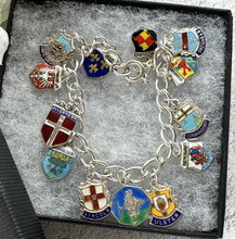 Lade das Bild in den Galerie-Viewer, Vintage 1960s Britain &amp; Germany Sterling Silver Enamel Charm Bracelet. City Coat of Arms Souvenir Travel Bracelet With St Christopher Charm
