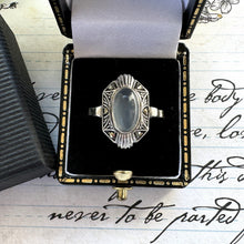 Load image into Gallery viewer, Antique Art Deco Sterling Silver Moonstone Ring. English Silver Marcasite Set Navette/Marquise Ring, Size Q - UK / 8.25 - US
