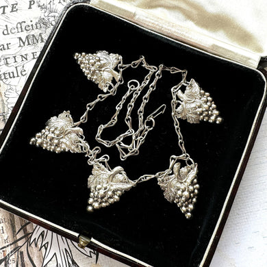 Antique Edwardian Grapevine & Barleycorn Chain Sterling Silver Necklace. Art Nouveau Repoussé Silver Fancy Chain Bib Necklace