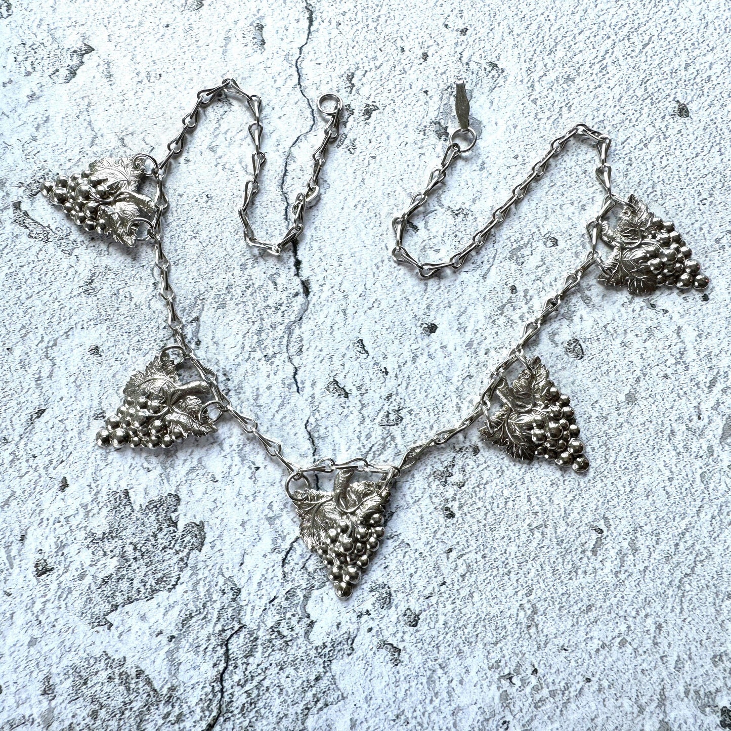 Antique Edwardian Grapevine & Barleycorn Chain Sterling Silver Necklace. Art Nouveau Repoussé Silver Fancy Chain Bib Necklace