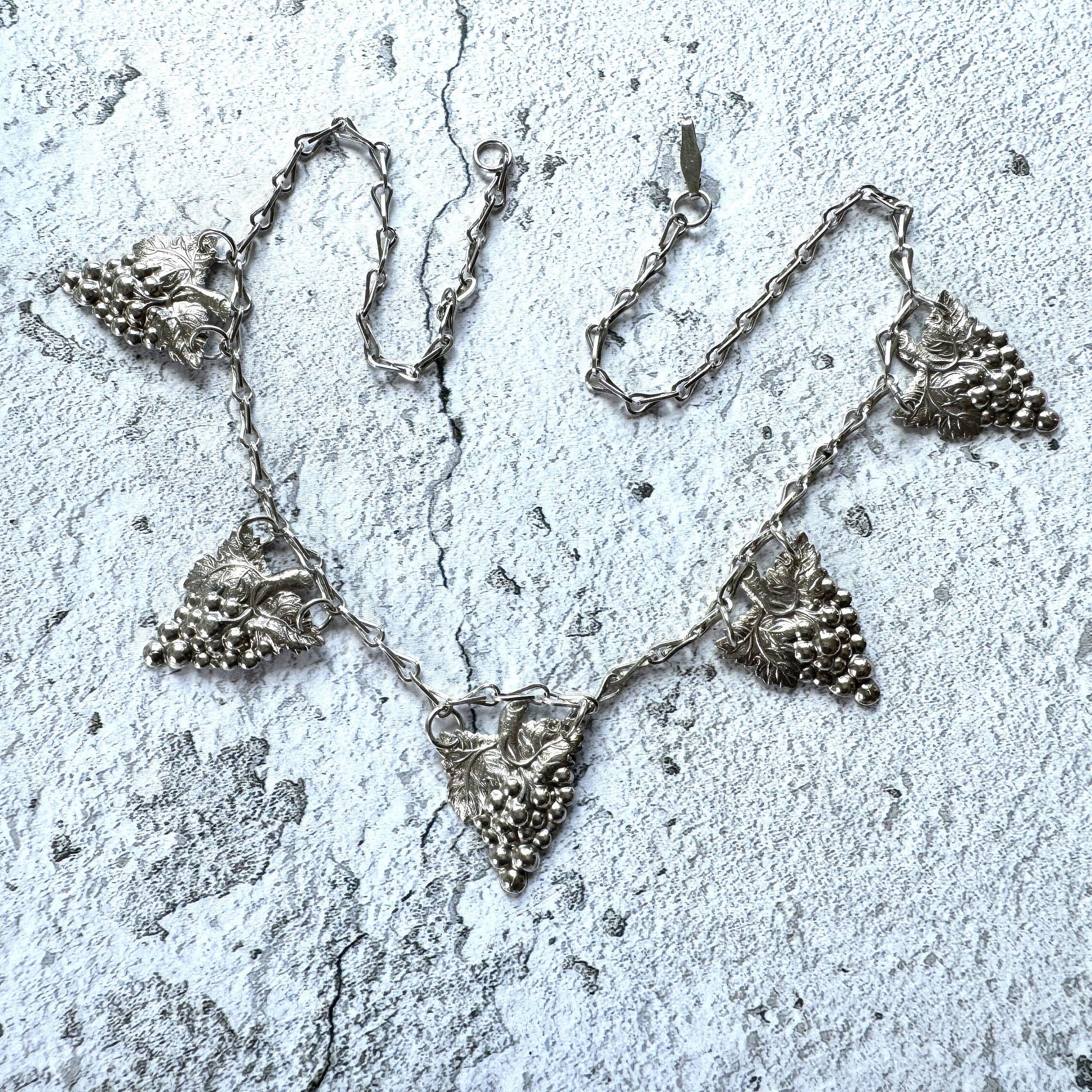 Antique Edwardian Grapevine & Barleycorn Chain Sterling Silver Necklace. Art Nouveau Repoussé Silver Fancy Chain Bib Necklace