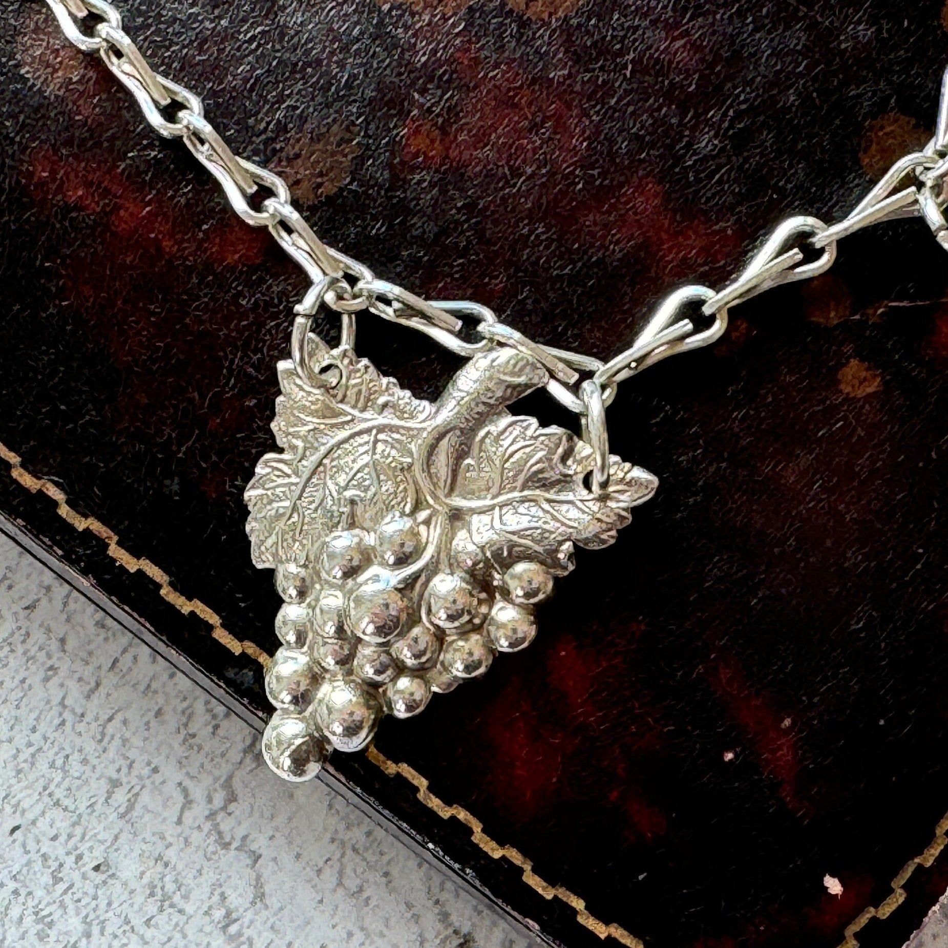 Antique Edwardian Grapevine & Barleycorn Chain Sterling Silver Necklace. Art Nouveau Repoussé Silver Fancy Chain Bib Necklace