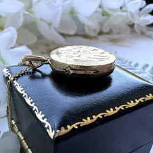 Cargar imagen en el visor de la galería, Vintage English 9ct Rolled Gold Engraved Forget-Me-Not Locket. Small 2-Photo Locket On Chain. Edwardian/Victorian Style Gold Locket Necklace
