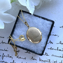 Cargar imagen en el visor de la galería, Vintage English 9ct Rolled Gold Engraved Forget-Me-Not Locket. Small 2-Photo Locket On Chain. Edwardian/Victorian Style Gold Locket Necklace
