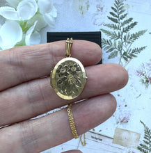 Cargar imagen en el visor de la galería, Vintage English 9ct Rolled Gold Engraved Forget-Me-Not Locket. Small 2-Photo Locket On Chain. Edwardian/Victorian Style Gold Locket Necklace
