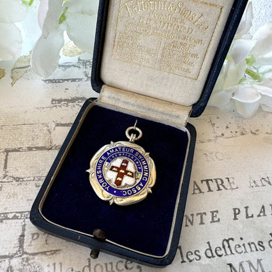 Vintage 1936 Fattorini Silver & Enamel Fob In Presentation Case. Yorkshire Swimming Association Sterling Silver Medal In Antique Leather Box