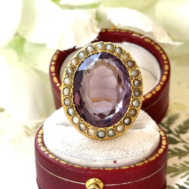 Antique Victorian Huge 11.50ct Purple Amethyst & Pearl 9ct Gold Ring. 9ct Yellow Gold Victorian Halo Cluster Statement Ring Size K / 5.25