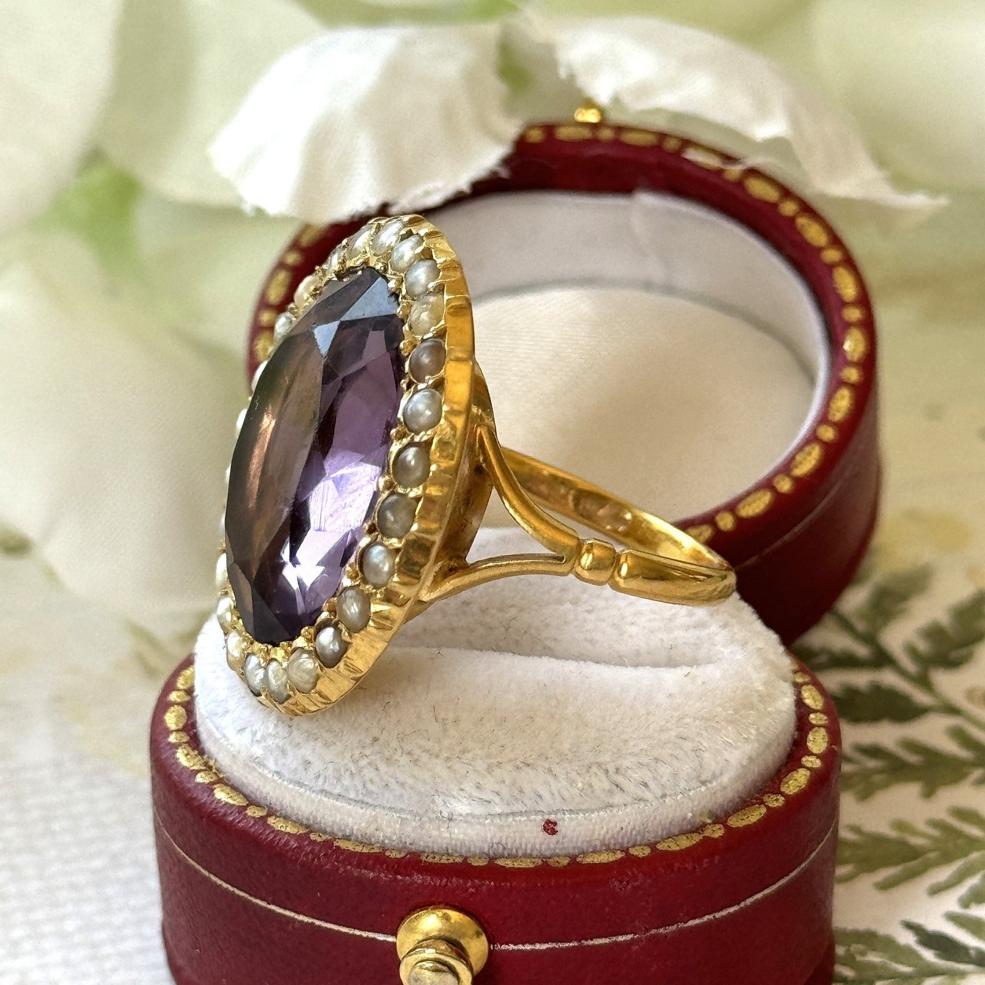 Antique Victorian 9ct Gold, 11.50ct Amethyst & Pearl Cluster Ring