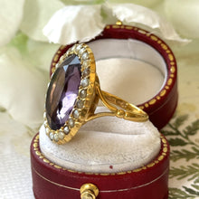 Load image into Gallery viewer, Antique Victorian Huge 11.50ct Purple Amethyst &amp; Pearl 9ct Gold Ring. 9ct Yellow Gold Victorian Halo Cluster Statement Ring Size K / 5.25
