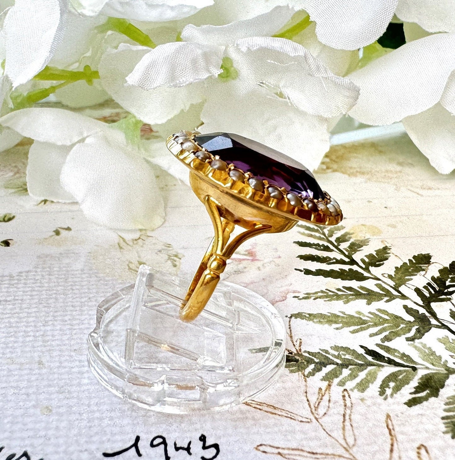 Antique Victorian 9ct Gold, 11.50ct Amethyst & Pearl Cluster Ring