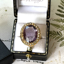 Load image into Gallery viewer, Antique Victorian Huge 11.50ct Purple Amethyst &amp; Pearl 9ct Gold Ring. 9ct Yellow Gold Victorian Halo Cluster Statement Ring Size K / 5.25
