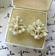 Load image into Gallery viewer, Antique Victorian 9ct Gold Seed Pearl Fleur De Lis Hook Earrings. Woven Seed Pearl Floral Scroll Earrings. Victorian Wedding Bride Earrings
