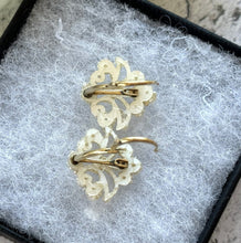 Load image into Gallery viewer, Antique Victorian 9ct Gold Seed Pearl Fleur De Lis Hook Earrings. Woven Seed Pearl Floral Scroll Earrings. Victorian Wedding Bride Earrings
