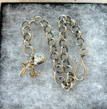 Load image into Gallery viewer, Antique Victorian Sterling Silver Bracelet With Anchor, Cross &amp; Heart Triple Charm. Belcher Link Charm Bracelet With Swivel Hook Clasp.
