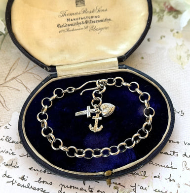 Antique Victorian Sterling Silver Bracelet With Anchor, Cross & Heart Triple Charm. Belcher Link Charm Bracelet With Swivel Hook Clasp.