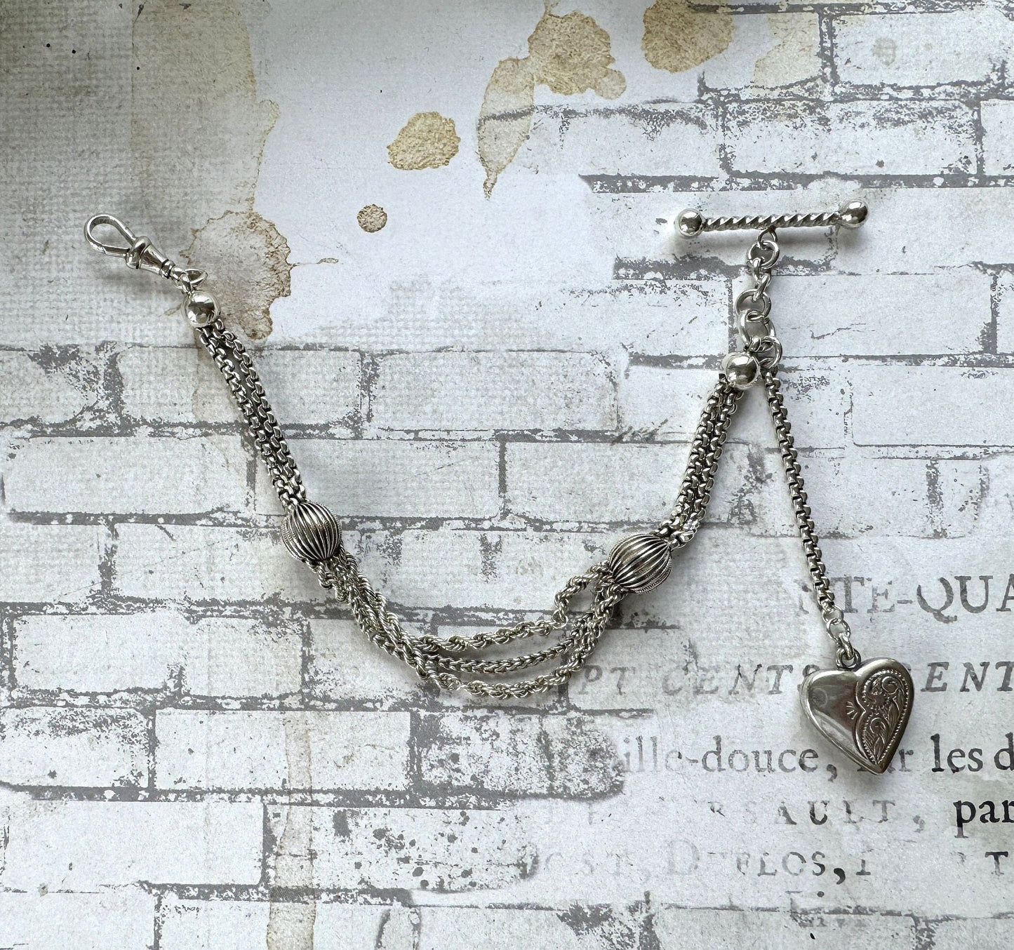 Victorian Sterling Silver Albertina Bracelet. Antique Fancy Link Watch Chain Bracelet With Love Heart Locket Charm, T-Bar & Dog-Clip