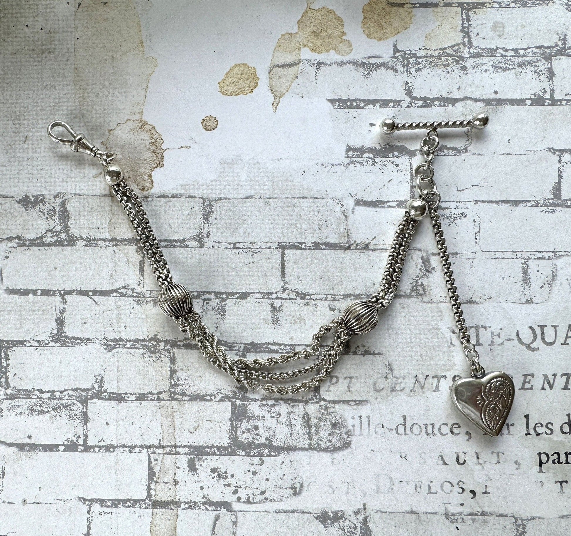Victorian Sterling Silver Albertina Bracelet. Antique Fancy Link Watch Chain Bracelet With Love Heart Locket Charm, T-Bar & Dog-Clip