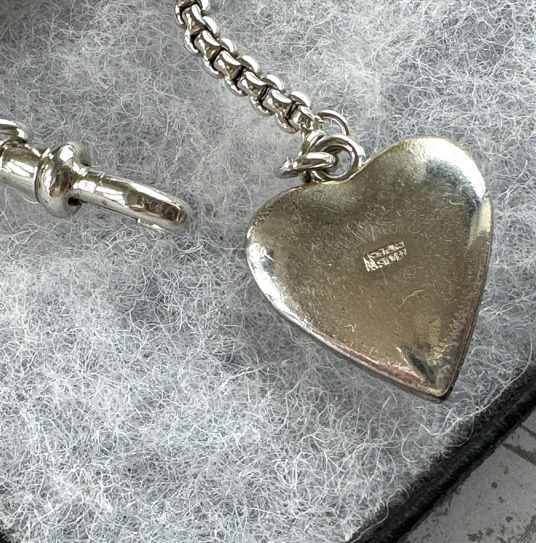 Victorian Sterling Silver Albertina Bracelet. Antique Fancy Link Watch Chain Bracelet With Love Heart Locket Charm, T-Bar & Dog-Clip