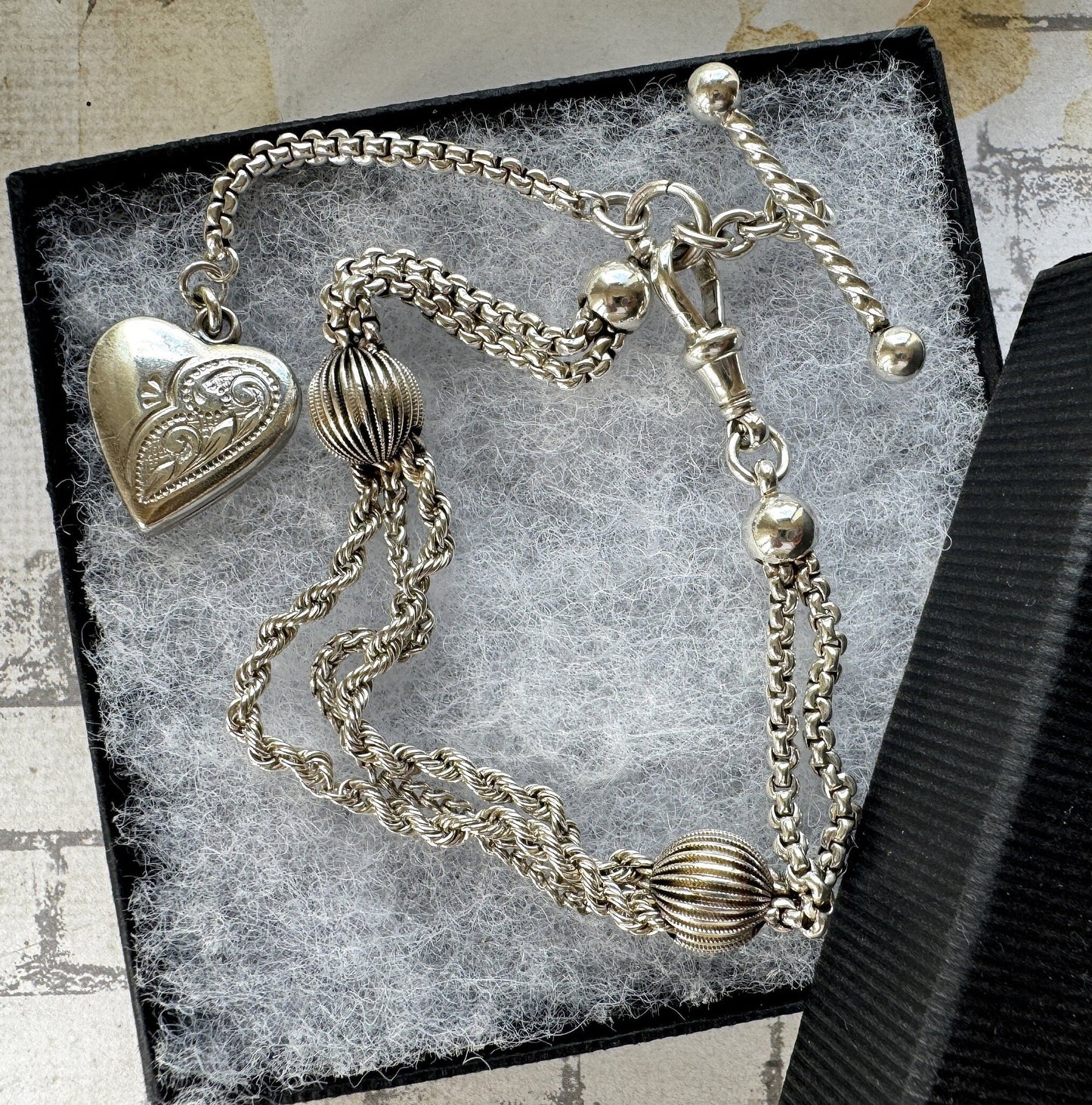 Victorian Sterling Silver Albertina Bracelet. Antique Fancy Link Watch Chain Bracelet With Love Heart Locket Charm, T-Bar & Dog-Clip