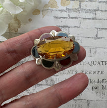 Load image into Gallery viewer, Vintage Scottish Silver Agate &amp; Citrine Brooch. Oval Sterling Silver Cairngorm Lapel Pin Brooch, Made In Scotland
