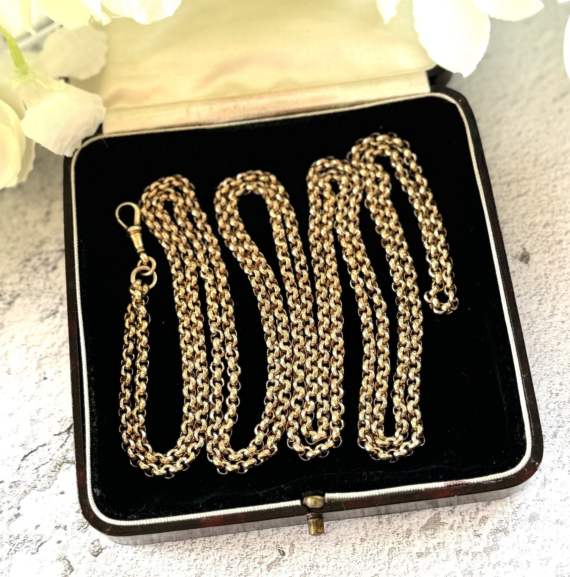 Antique Victorian 18ct Rolled Gold Long Guard Chain. 58" Long 18K Gold Filled Faceted Belcher Chain. Rope Length Sautoir Muff Chain Necklace