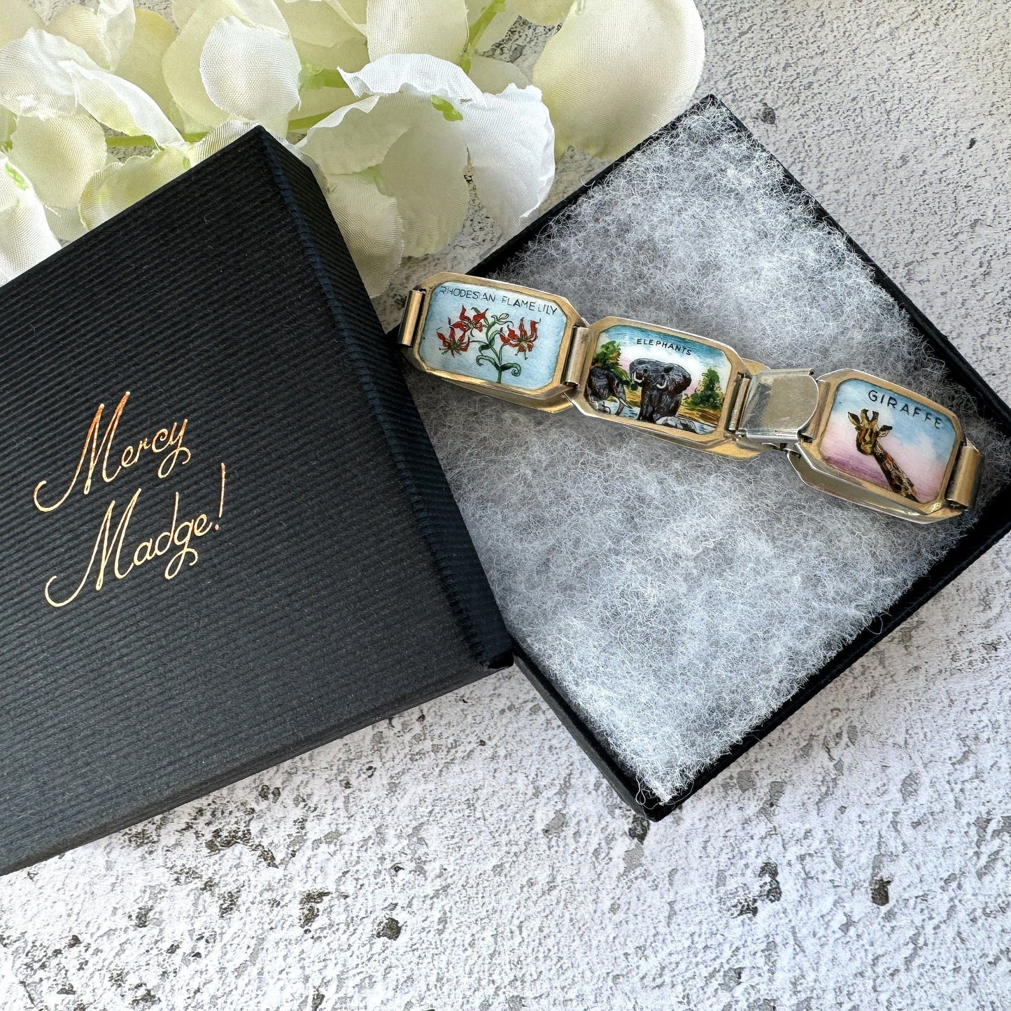 Vintage 1950s Sterling Silver & Enamel African Safari Panel Bracelet, REU Germany